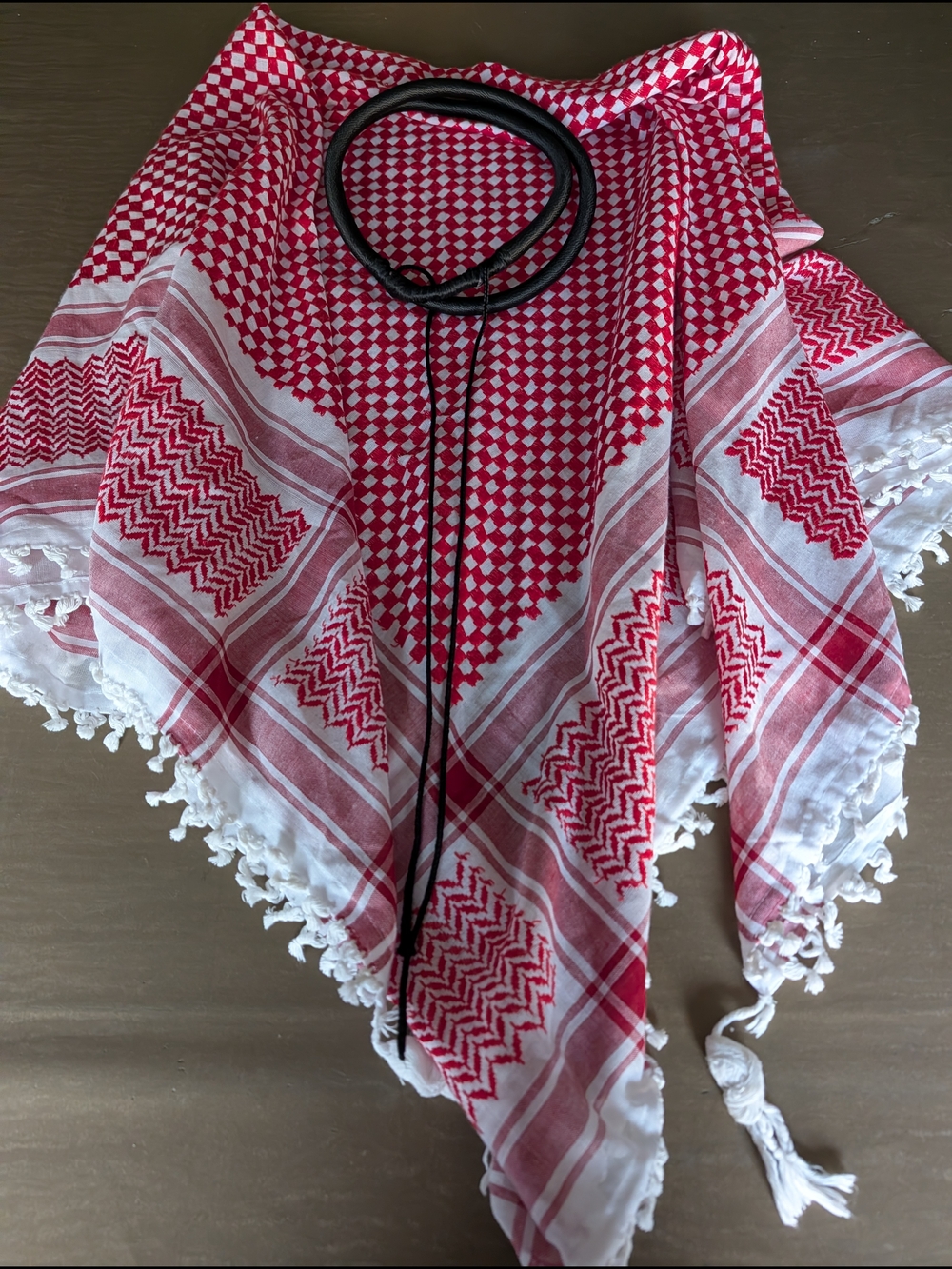 Authentic Red and White Patterned Keffiyeh Scarf And Agal Headpiece.